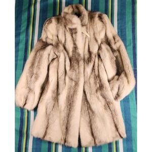 Vintage Luxury Real Fox Fur Coat Charcoal Stripe Cream Mid Length Size M/L